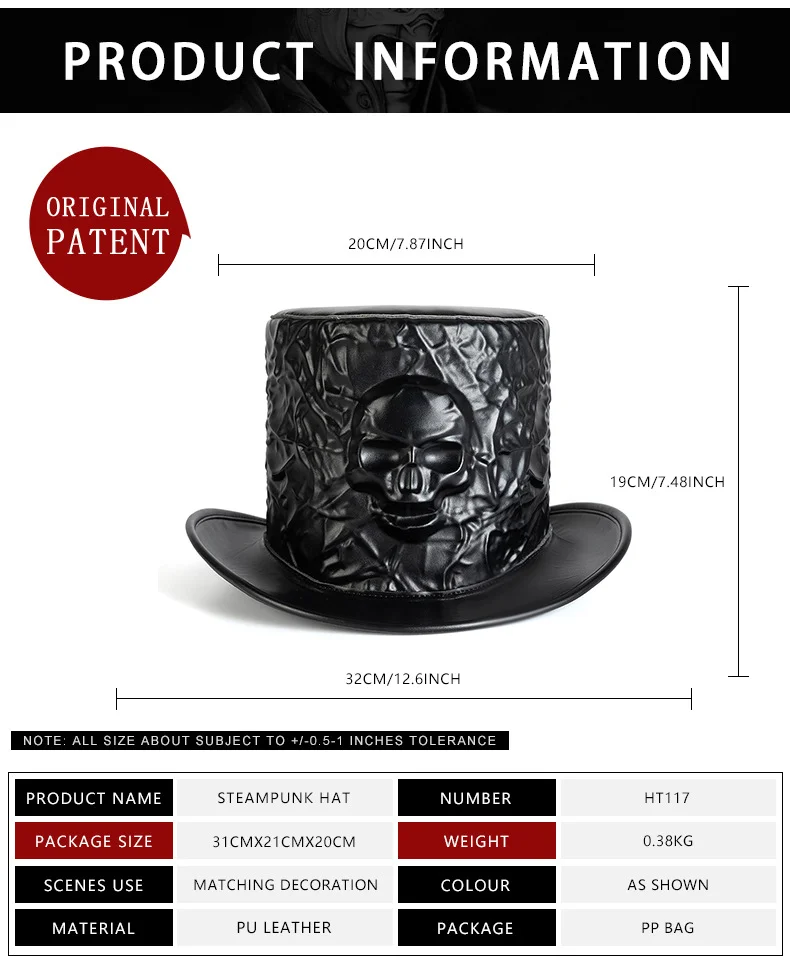 Steampunk Top Hat - Victorian Skull Embossed PU Leather - Image 6